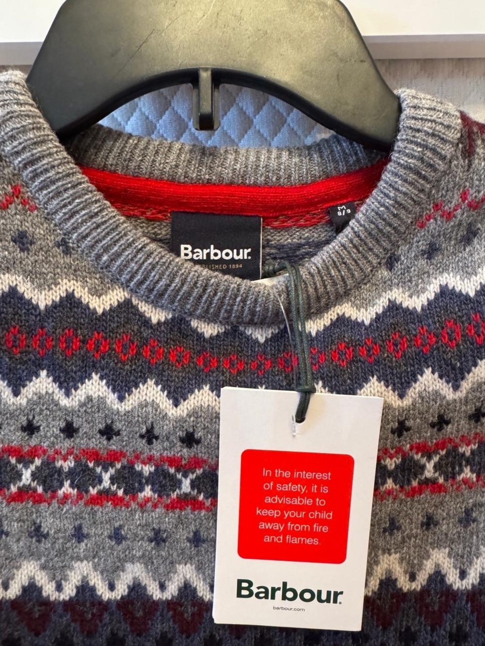 Barbour Grey Fair Isle Crewneck Sweater with Red and Navy Pattern Sz 8/9